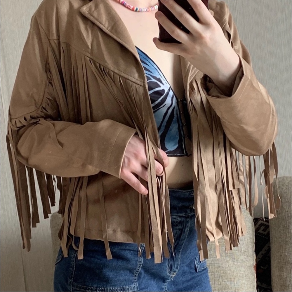 Fringed faux Suede Crop boho festival Jacket women  - Tan - Picture 4 of 4